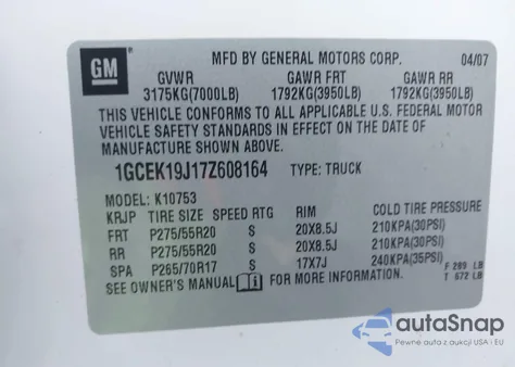 2007 Chevrolet Silverado 1500 Ltz из США, поврежденный, VIN 1GCEK19J17Z608164